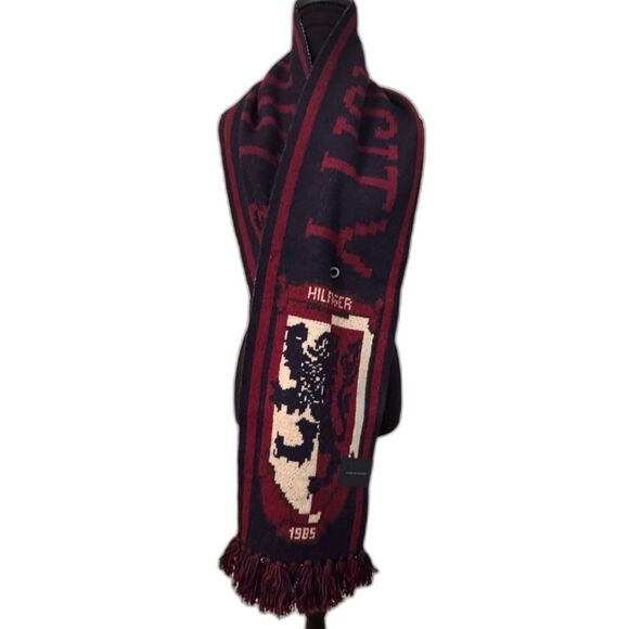 🧣 NWT Tommy Hilfiger Wool Blend Logo Scarf • Navy Dark Red Cream • One Size ✨ - Picture 2 of 7